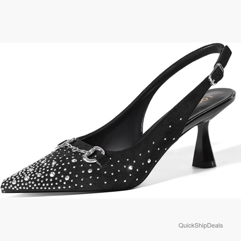 Faux Leather Kitten Heel Slingback Pumps With Rhinestones